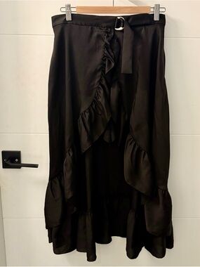 Sandro Black Satin Ruffle High-Low Skirt with Shorts
